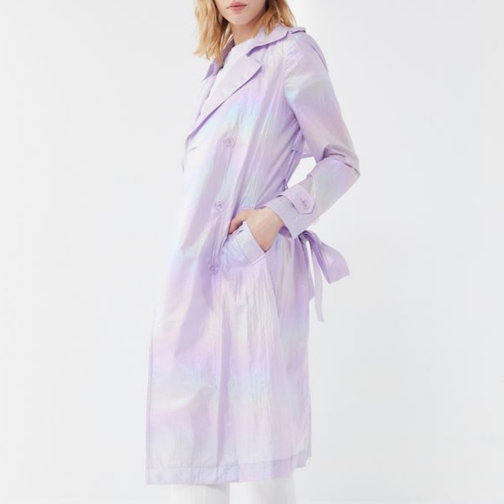 Avec Les Filles Iridescent Holographic Trench Coat Jacket Belted Pockets Small